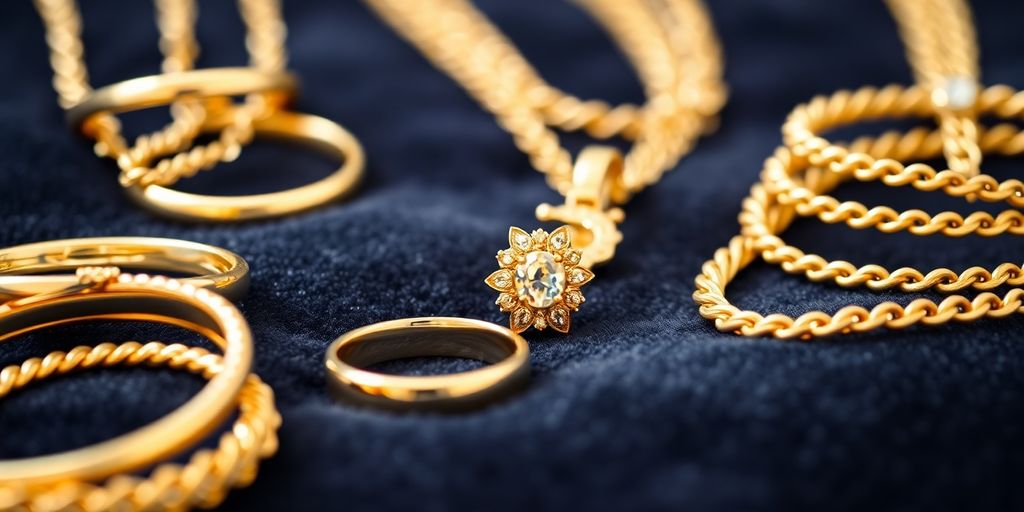 Close-up of gold jewelry on a velvet background.