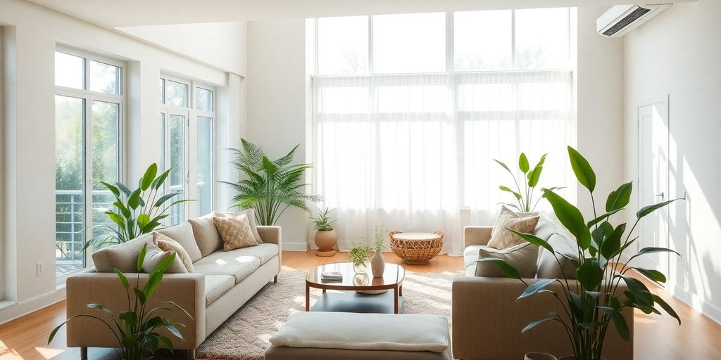 Living room with natural colors and plants.
