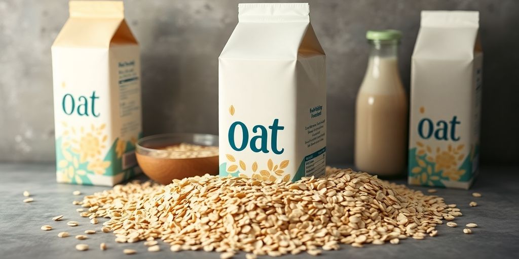 Oat milk cartons and fresh oats on a wooden table.