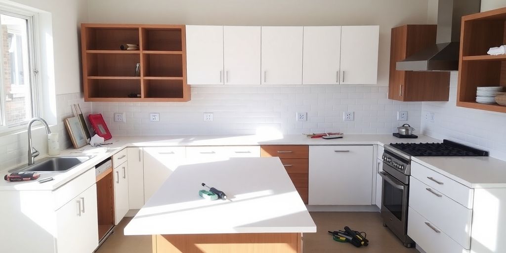 Modern kitchen renovation with sleek cabinets and island.