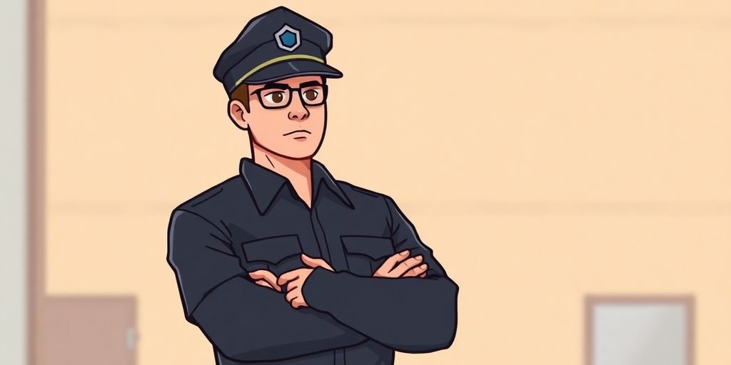 Security guard in uniform, standing alert.