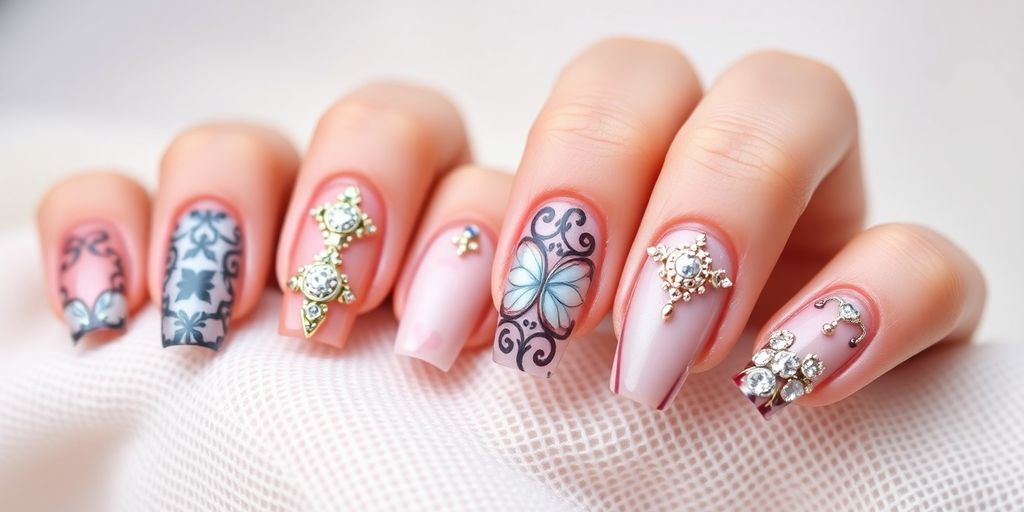 Imagem de unhas postiças realistas em designs elegantes.