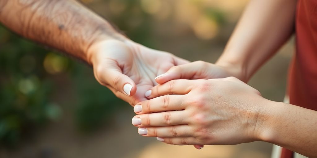 Two hands touching intimately, close-up, soft lighting.