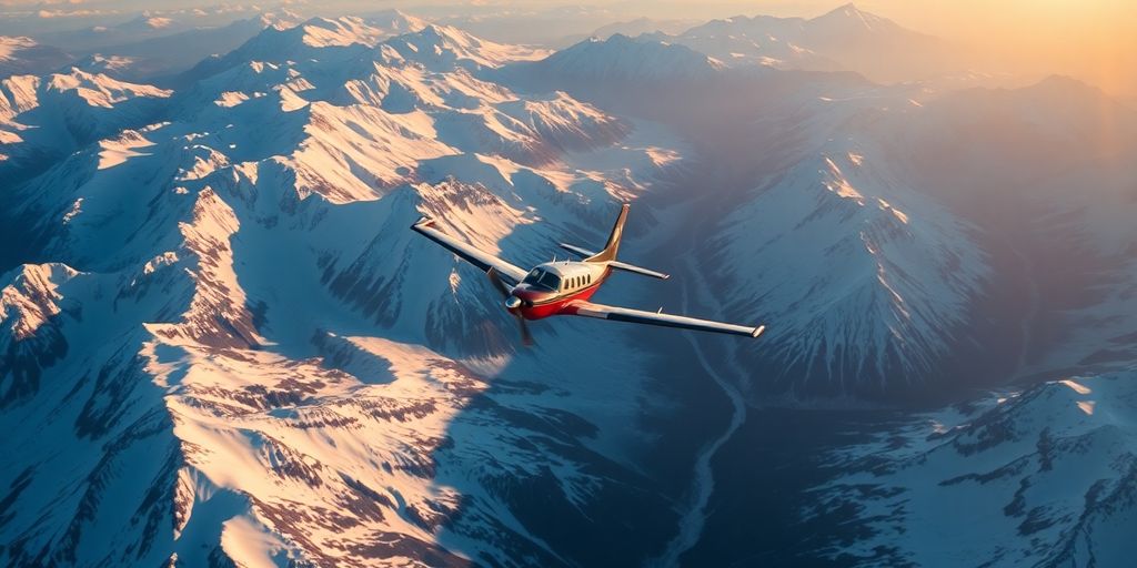 A small airplane flies over a snowy Alaskan mountain range.
