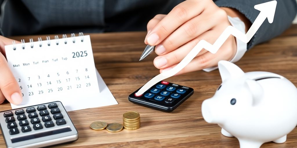 Person planning finances with calendar and rising arrow.