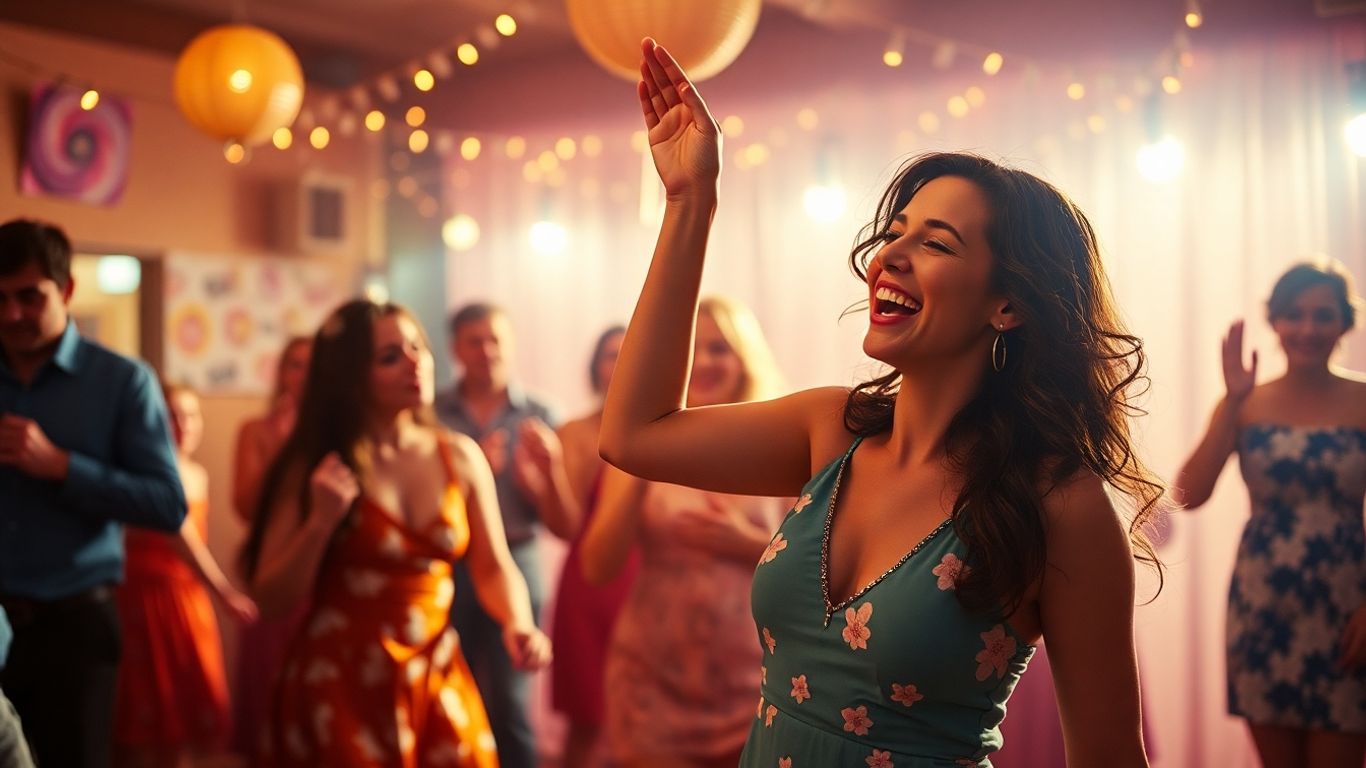 Femme dansant joyeusement dans une scène de film romantique.