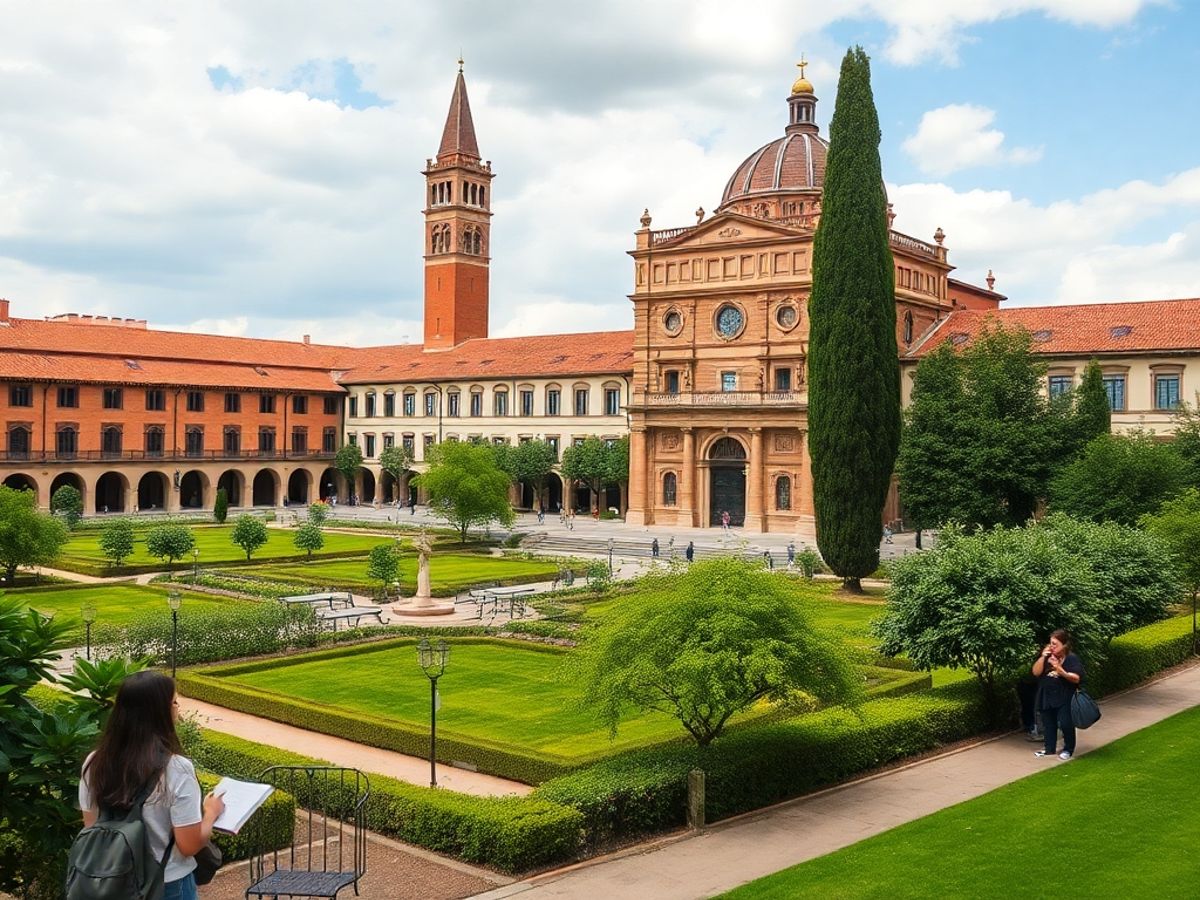 Historic University of Bologna campus with students studying.