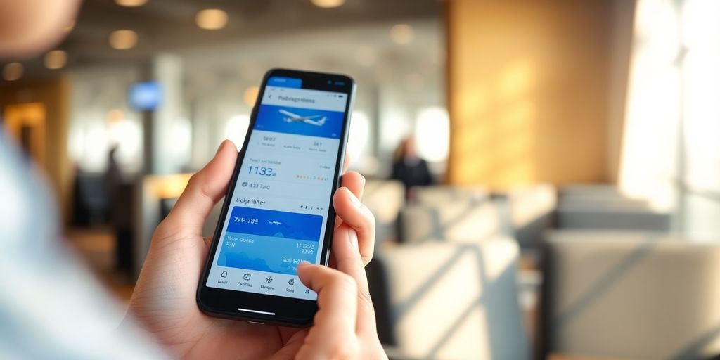Airline passenger checking flight status on phone.