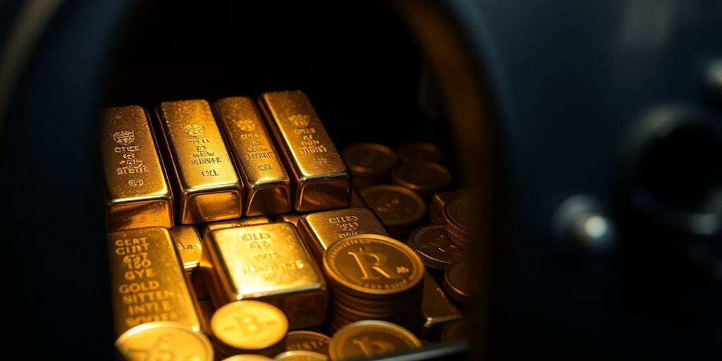 Lingots d'or et pièces anciennes dans un coffre sécurisé.