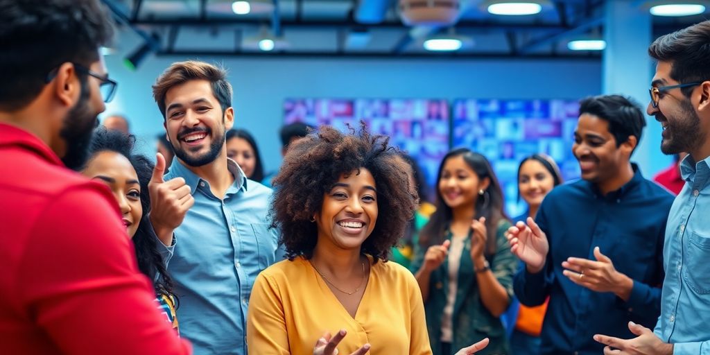 Diverse people collaborating enthusiastically in a creative space.