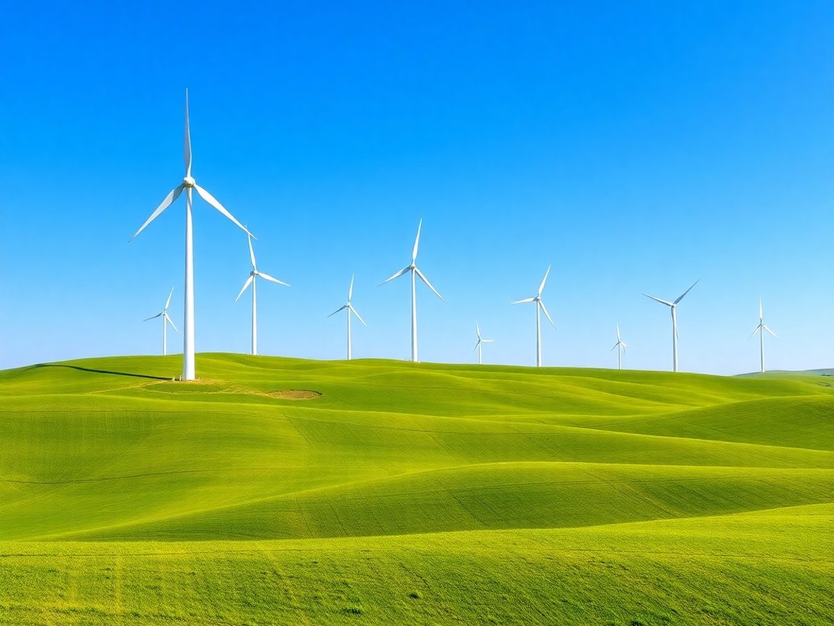 Turbine eoliene pe un câmp verde sub un cer albastru.