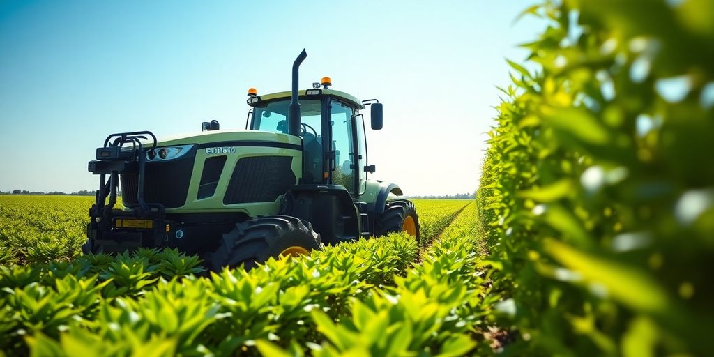 Autonomous tractor working in a green agricultural field.
