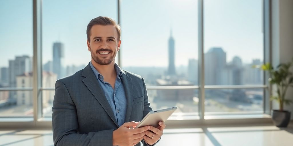 Professional broker in modern office.