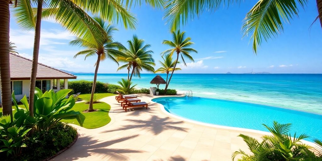 Beachfront property in Phuket with palm trees and ocean.