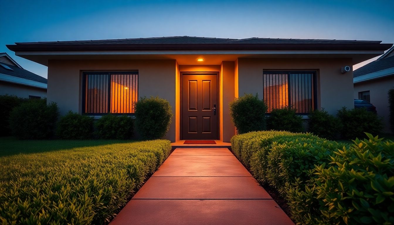 Modern house with padlock door, security camera, lush green lawn.