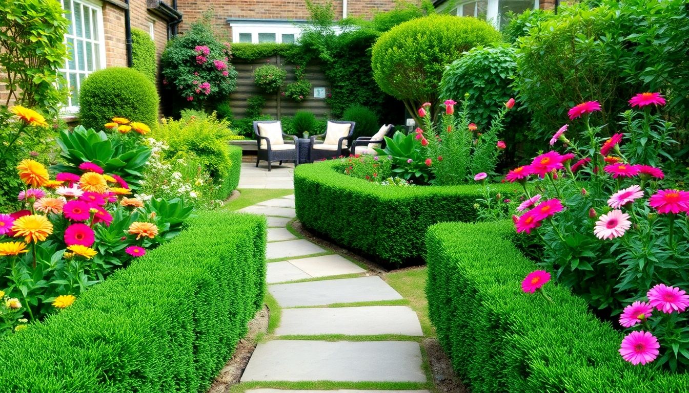 Beautifully landscaped garden with flowers and seating area.