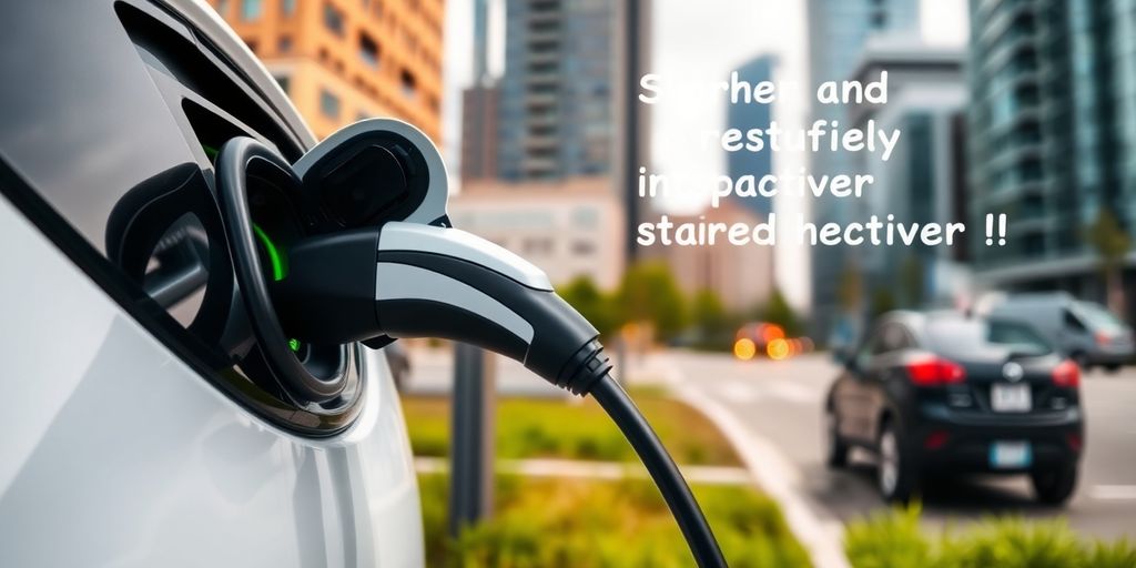 Electric vehicle charging station with car and city background.