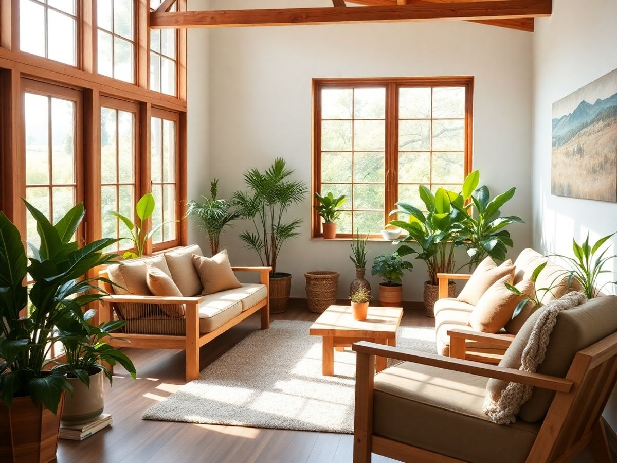 Mobilier din lemn natural într-o cameră luminoasă.