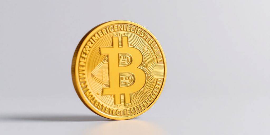 Bitcoin currency symbol against a neutral background.