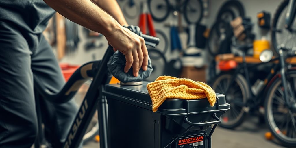 Person reinigt E-Bike-Akku in Garage