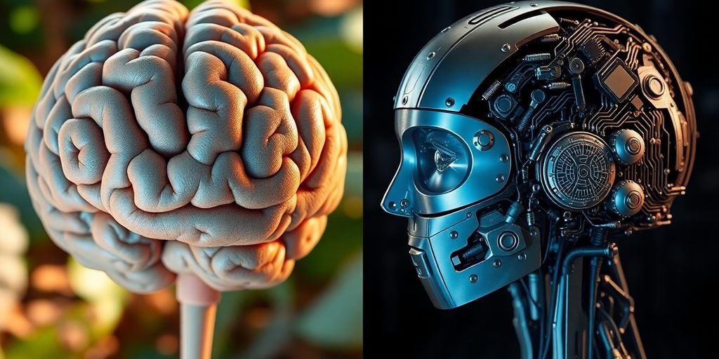 Human brain alongside robotic brain in contrasting styles.