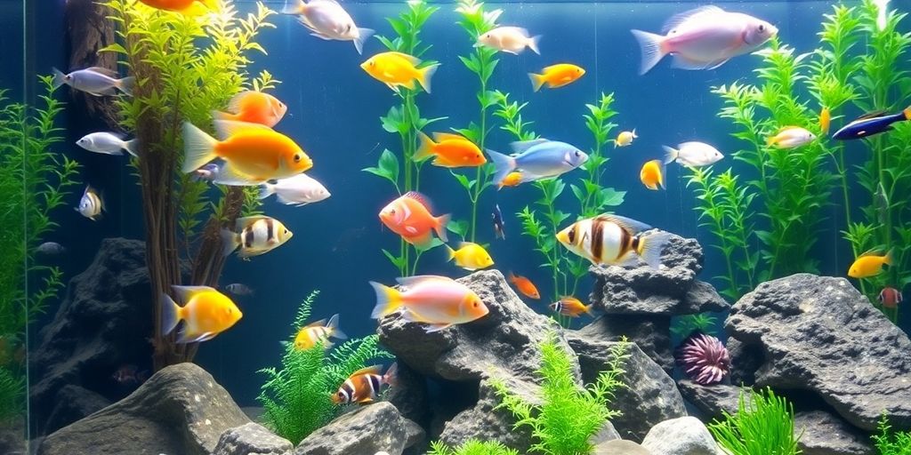 Colorful fish in a lush aquarium with accessories.