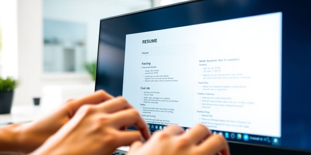 Resume on screen, person typing.