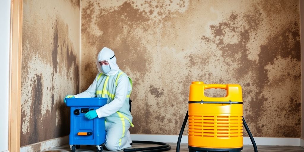 Mold removal equipment and protective gear in action.