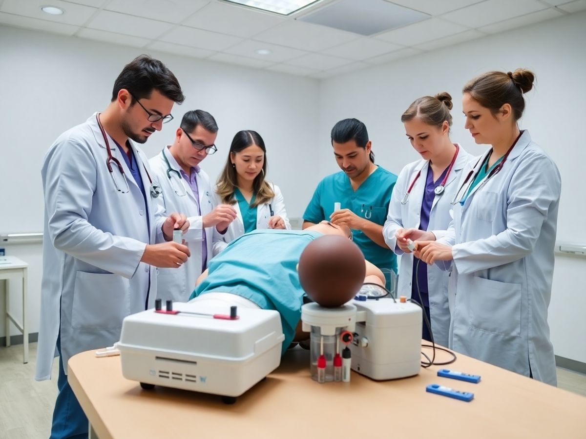 Profesioniști medicali în scrubs și halate exersează pe un manechin