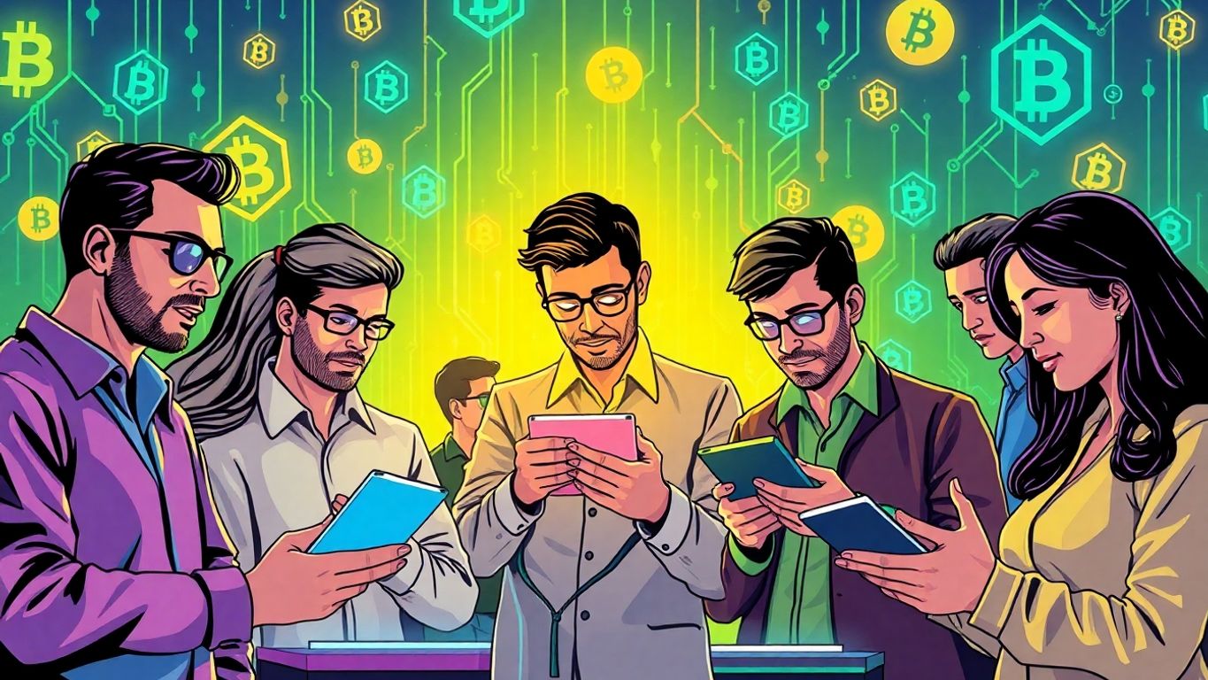 Group of traders engaging with digital devices and blockchain.