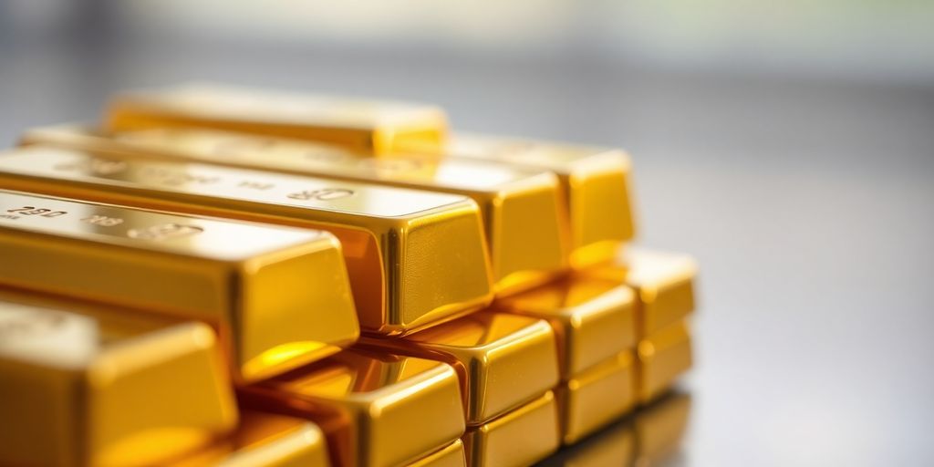 Barres d'or empilées avec reflets lumineux.