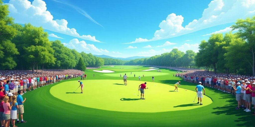 Golf players competing on a sunny PGA Tour golf course.