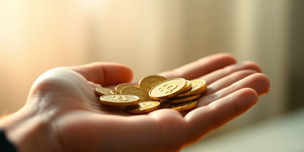 Adult hand holding gold coins.