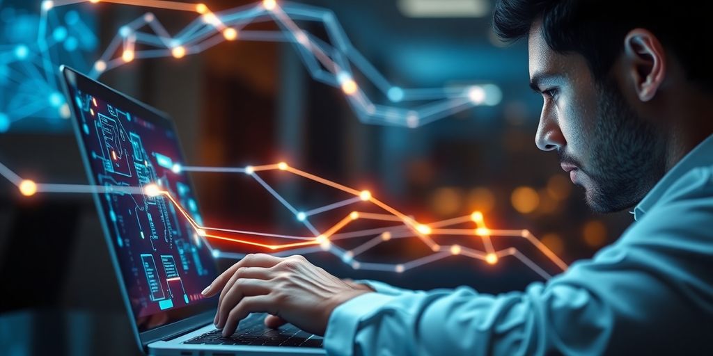 Person using a laptop with glowing AI elements.