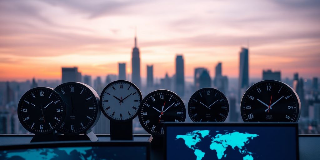 Global clocks with a blurred city skyline.