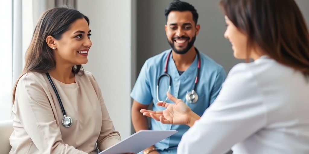 A healthcare worker talking to a patient.