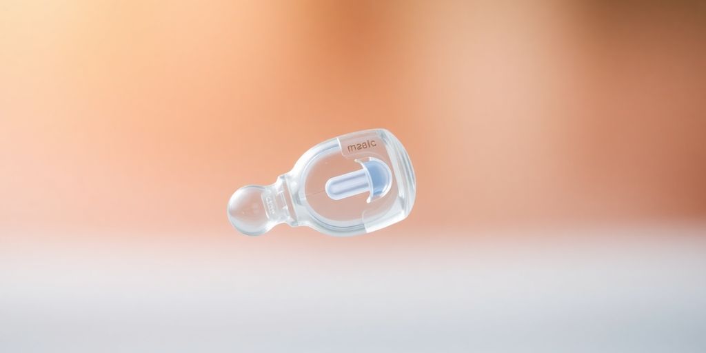 Implante hormonal em foco, destacando seu tamanho e design.