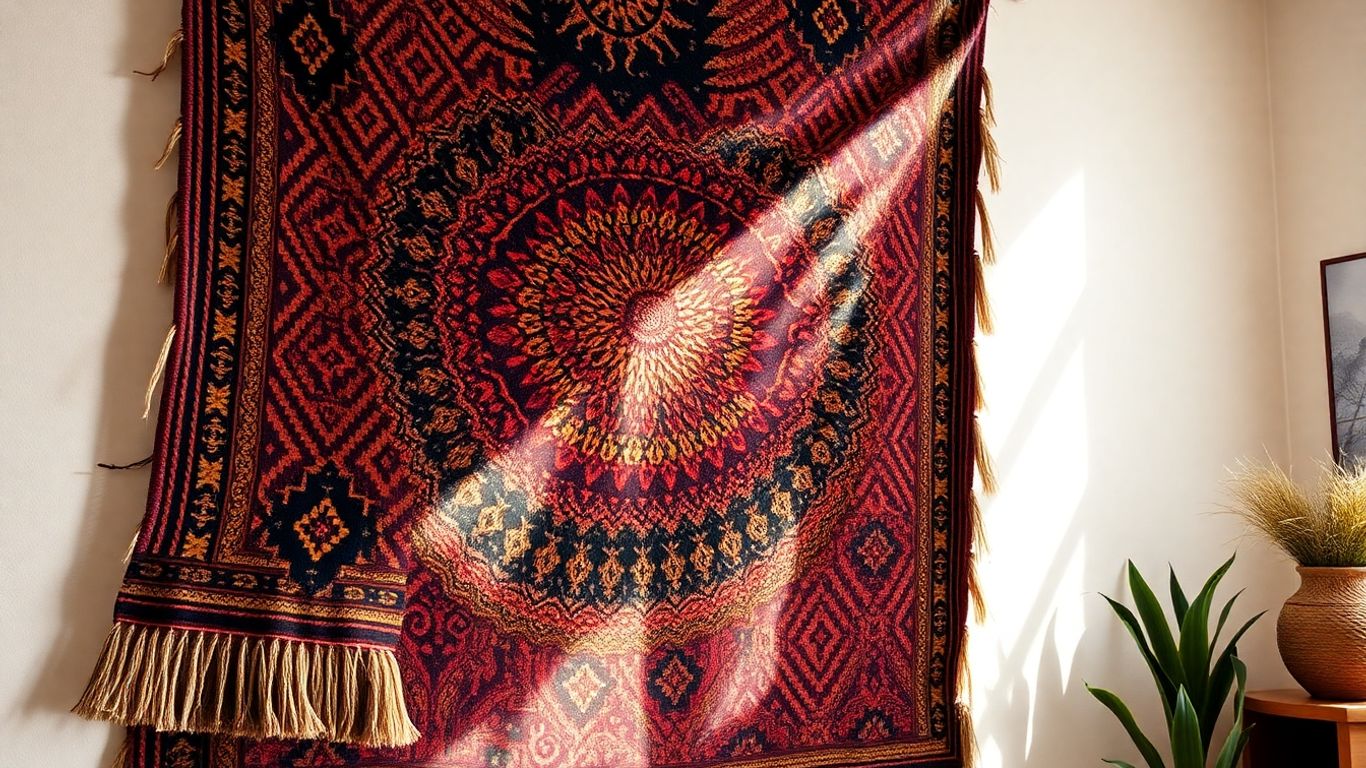 Bohemian tapestry with intricate patterns and earthy colors.