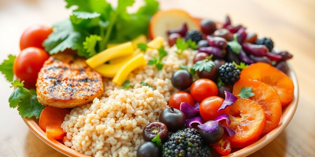 طبق كبير من الخضروات الملونة الطازجة والفواكه