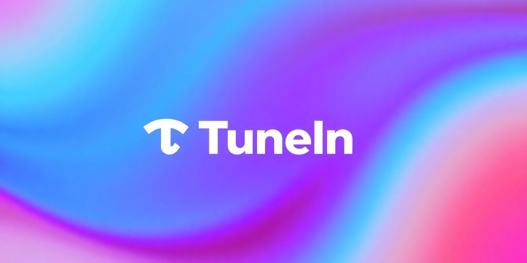 Logotipo de TuneIn Radio sobre fondo degradado azul y morado.