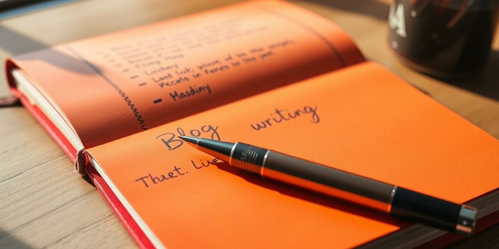 Notebook and pen for creative blog writing tips.