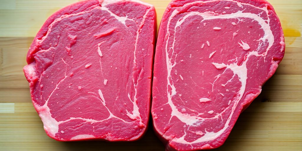 Marbled grass-fed steak next to grain-fed steak.