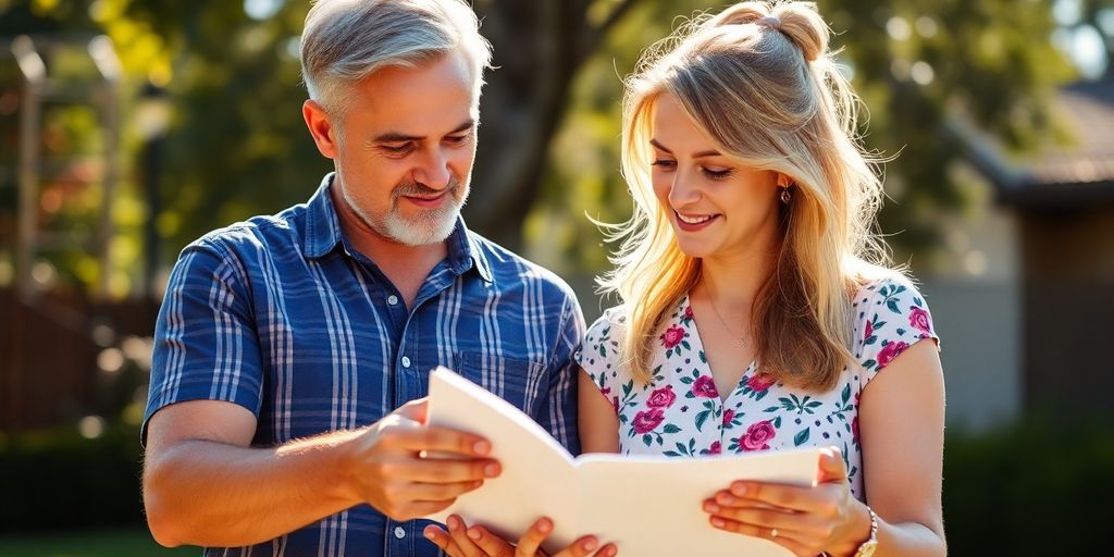 Australian couple reviewing a budget outdoors.