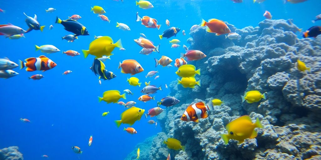 色彩斑斓的海水鱼在珊瑚礁中游泳。