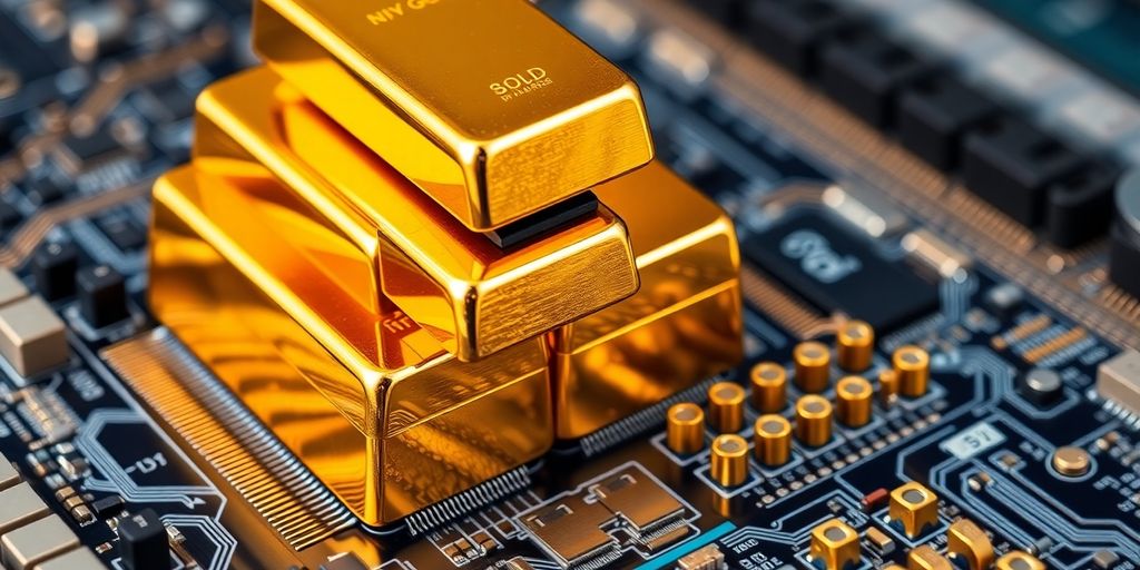 سبائك الذهب على لوحة الدائرة الرقمية.