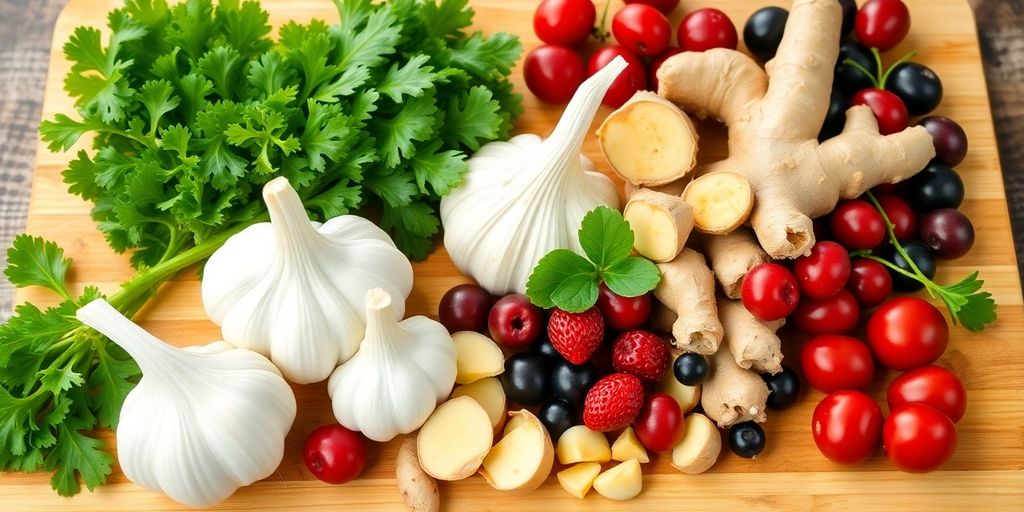 Fresh herbs and berries promoting heart health naturally.