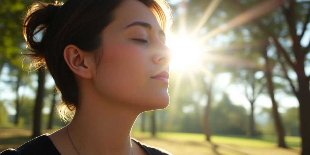Person taking deep breaths outdoors.