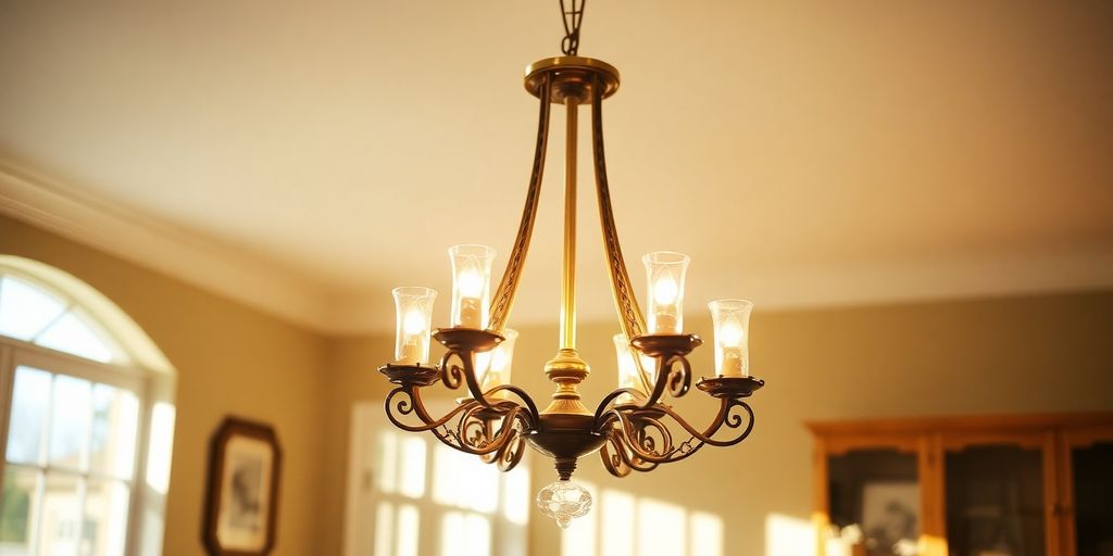 Pottery Barn chandelier illuminating a room