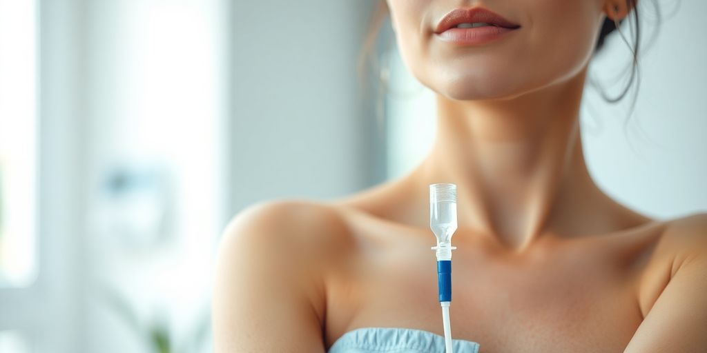 Woman receiving anti-aging IV therapy, clinic setting.