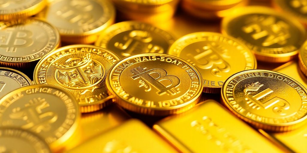 Monnaies et lingots d'or brillants sur fond neutre.